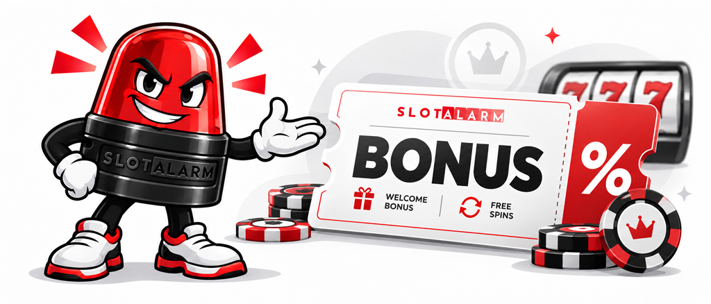 SLOTALARM-Mascot präsentiert ein Bonus-Ticket mit Welcome Bonus und Free Spins